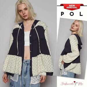 POL Color Block Printed Frayed Hem Relaxed Drawstring Hooded Shacket | Dark Navy